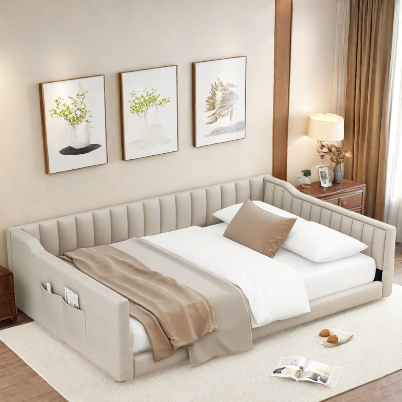 Lit de jour rembourré avec poches de rangement latérales et rayures verticales, Beige, Double XL