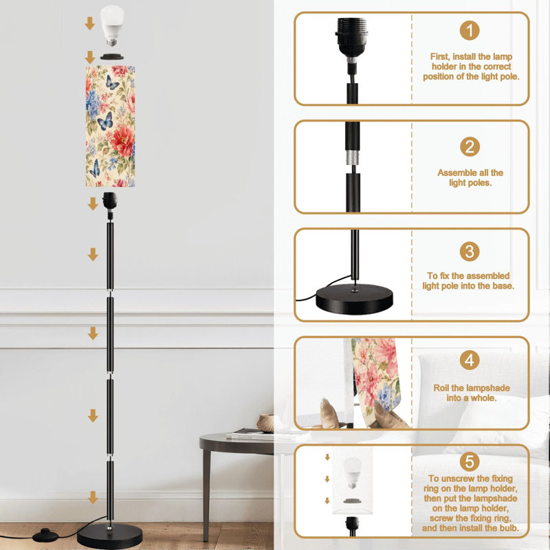 Lampe sur pied à motif floral avec aquarelle et papillons floraux rouges et bleus à intensité variable avec télécommande et pédale avec abat-jour et abat-jour