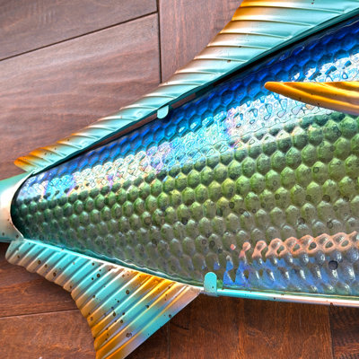 Coastal iridescent blue-green tuna fish metal and glass wall sculpture, 36 inches wide