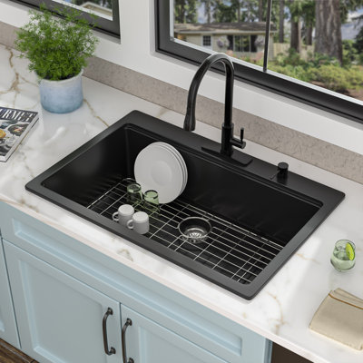 33''W x 22"D Drop-In Single Bowl Workstation Quartz Kitchen Sink with Bottom Grid Drain Assembly Cutting  Board and Roll Drying Rack
