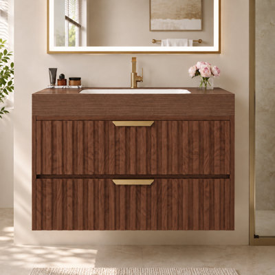30" Floating Bathroom Vanity with Sintered Stone Top, Ceramic Sink & 2 Soft-Close Drawers, Wall-Mounted