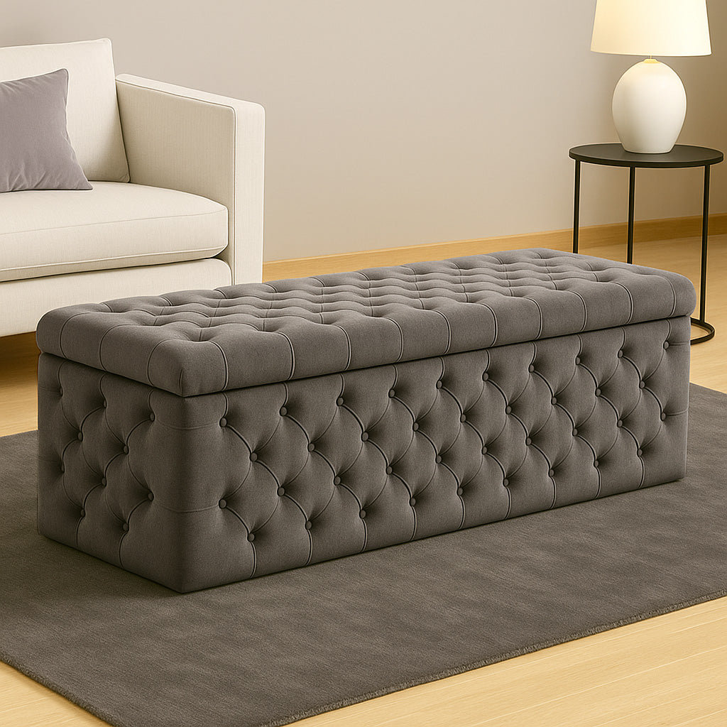Lux Wide Velvet Chesterfield Rectangle Solid Color Standard Ottoman Box with Storage