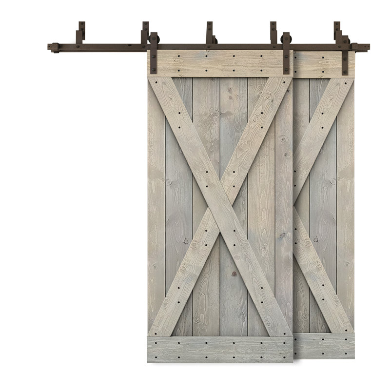 Porte de grange double à panneaux en bois teinté à panneau avec ensemble de quincaillerie coulissante, 76 po x 84 po