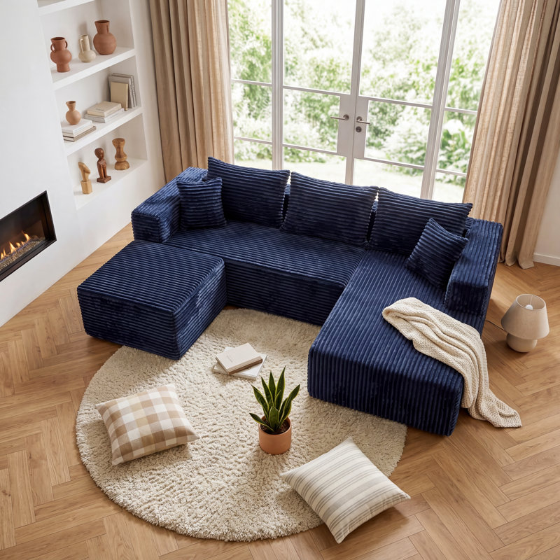 Canapé d'angle en U 3 pièces de 276 cm de large avec 5 coussins, revêtement en flanelle douce et ressorts ensachés, aucun assemblage requis, canapé modulable pour salon, noir