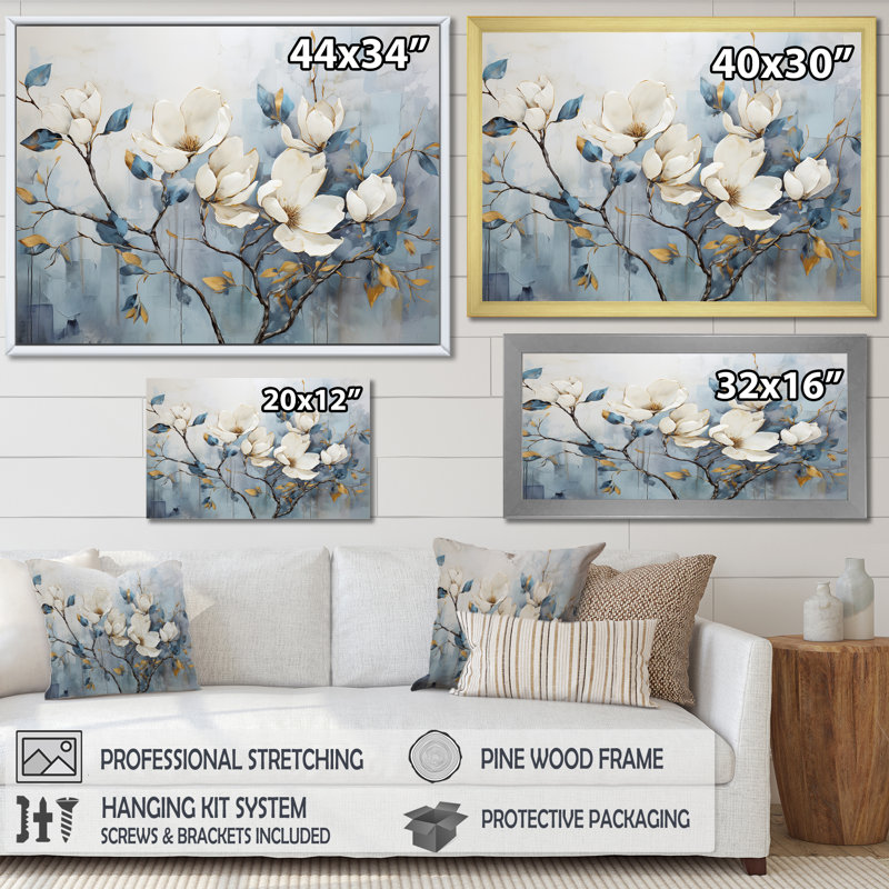Elegant White and Blue Magnolias Tranquillity - Print on Canvas, 24" H x 32" W x 1" D, Wrapped Canvas
