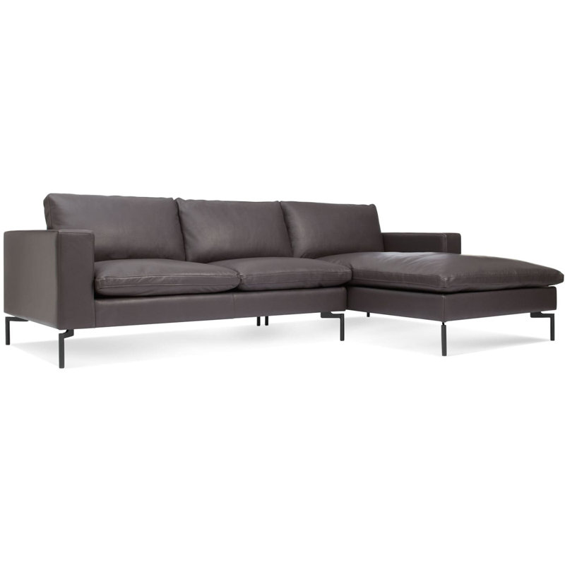 Nouveau canapé standard avec méridienne, Orienté à droite (vu de face), Cuir brun foncé, Noir