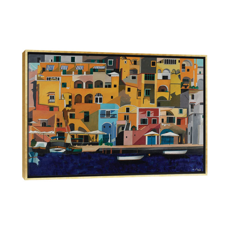 Procida et les bateaux, Italie - reproduction d'art sur toile - toile encadrée, H 18 po x l 26 po, Doré