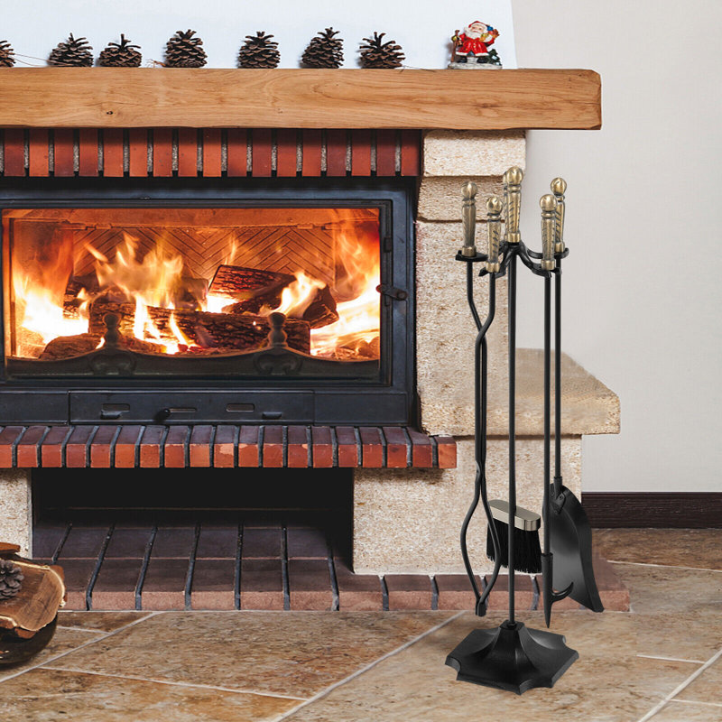 Heavy Duty Black Iron 5-Piece Fireplace Tool Set with Brass Handles