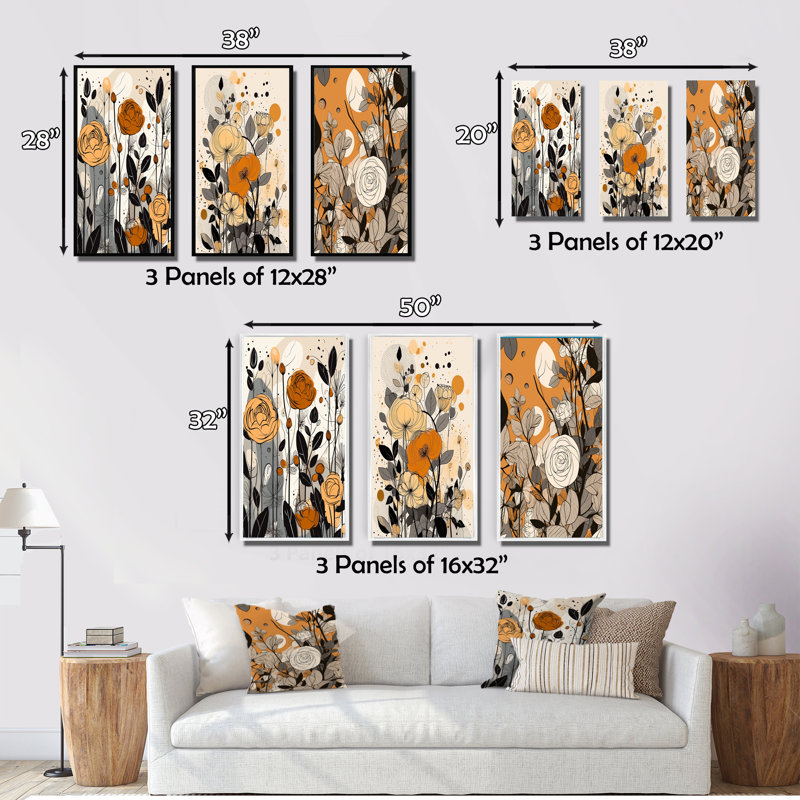 «Retro Terracotta Wildflowers Illustration IV», 3 pièces sur toile, Toile tendue, H 28 po x l 36 po