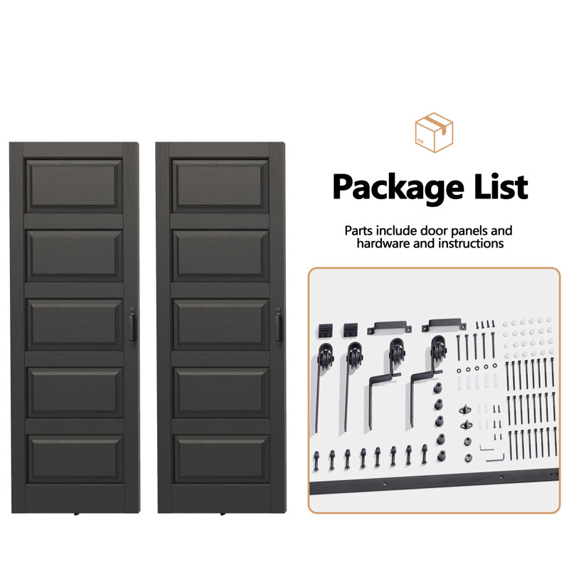Bypass Sliding Barn Door - Black 5 Lite Raised MDF Design With Manufacture Wood Include Bypass Barn Door Hardware Kit