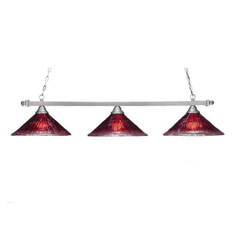 Square 3 Light Bar With 16" Raspberry Crystal Glass, Brushed Nickel