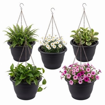 5 Pack Black PP Plastic Hanging Planter, 9.76" Large Hanging Flower Pot with Metal Chain & Hooks, Indoor Outdoor Hanging Basket for Plants, Garden Balcony Patio Hanging Plant Pot for Herbs, Ferns, Ivy