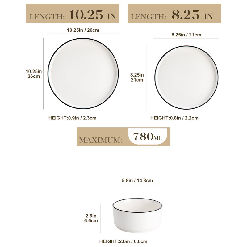 Piece Porcelain China Dinnerware Set - Service for 4, Black/White
