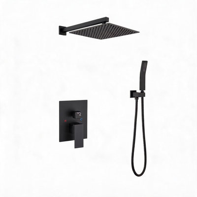 Pomme de douche murale 12 pouces en laiton noir mat et acier inoxydable avec douchette à main et soupape d'équilibrage de pression