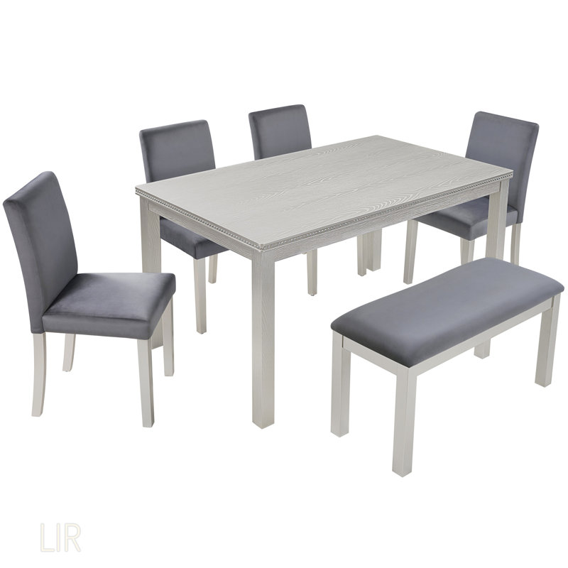 Ensemble de table de salle à manger 6 pièces en bois avec chaises et banc rembourrés, décor en cristal pour cuisine et salle à manger élégantes