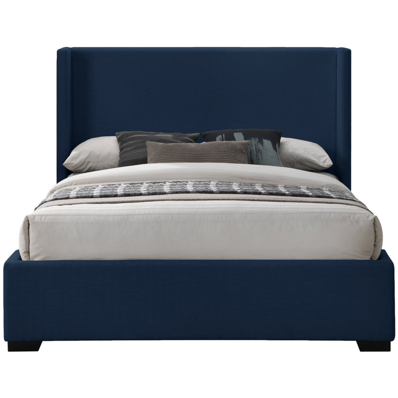 Lit plateforme tapissier Oxford Tachani, Tissu texturé en lin bleu marine, Très grand