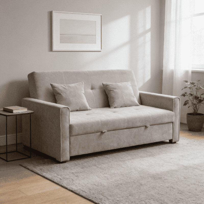Nyrell 2 Seater Extra Wide Fabric Sofa Bed, Beige Velvet