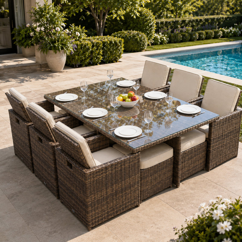 Ensemble de salle à manger longue pour 10 personnes 49,21 po avec coussins Amher, Beige, Brun