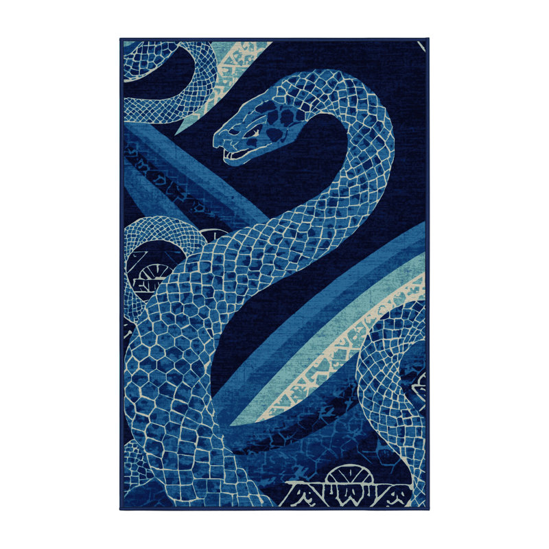 Tapis bleu à motif de blocs d'inspiration mondiale lavable à la machine Joyce Naga, 5 x 8