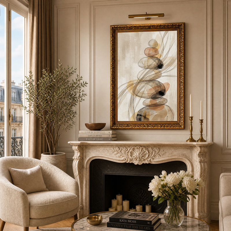 Tableau abstrait de pierres empilées dans des tons terreux sur toile, H 24 po x l 16 po