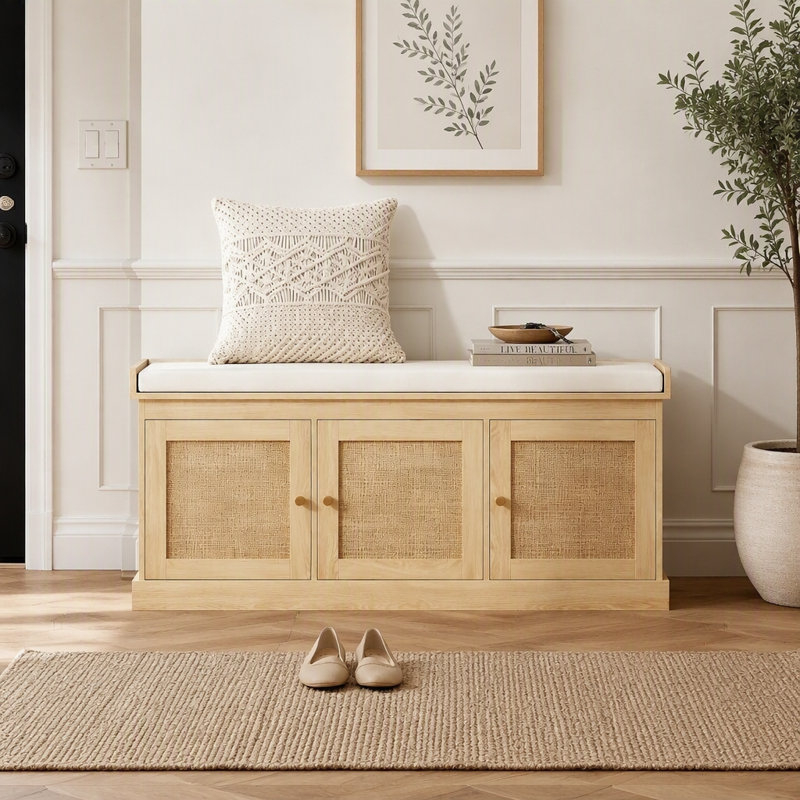 Banc de rangement pour chaussures de style bohème avec portes en rotin tressé et siège confortable, idéal pour les entrées et les chambres.