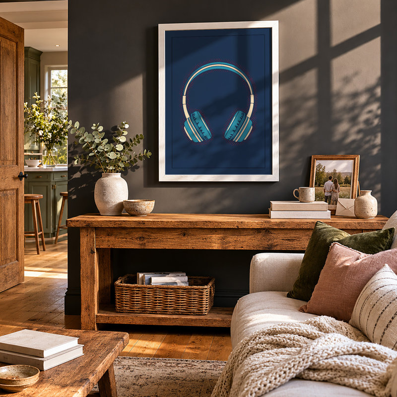 Headphones Modern - Framed Print, A4 - 29.7 x 21.0 cm, White