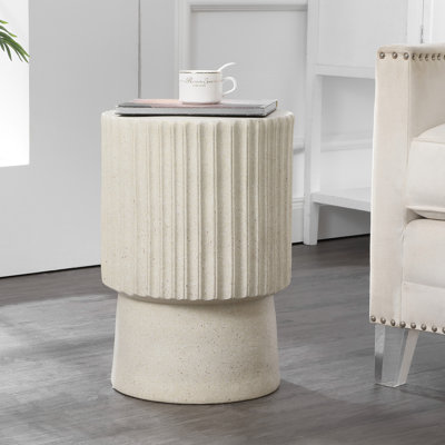 Louisa Modern 19" Fluted Outdoor Accent Table, All-Weather Cream Terrazzo Pedestal Garden Stool & Round Patio Side Table