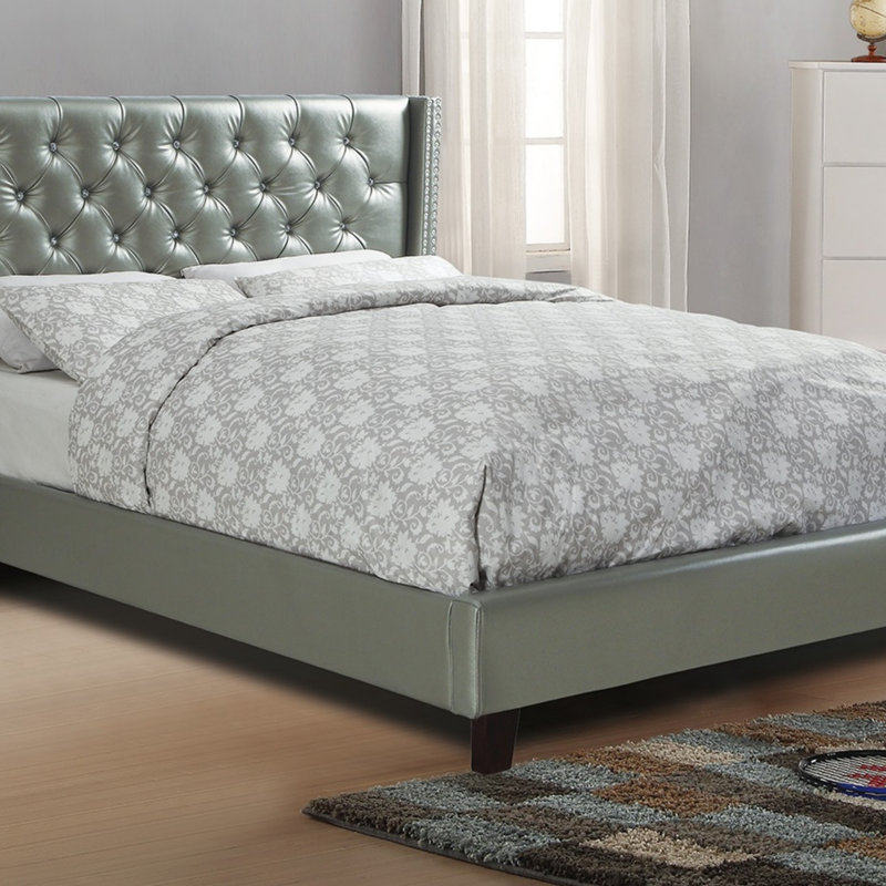 Ensemble de lit double 1pc Ensemble de lit capitonné en similicuir argenté capitonné