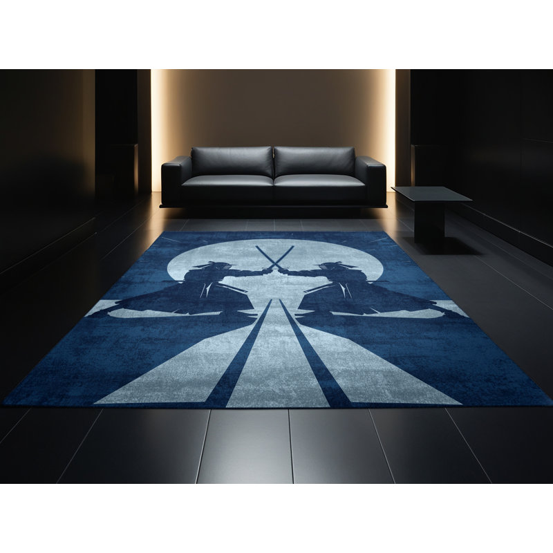 Machine Washable Auburndale Kendo Duel Modern Rug in Blue – Navy Binding, 2x4