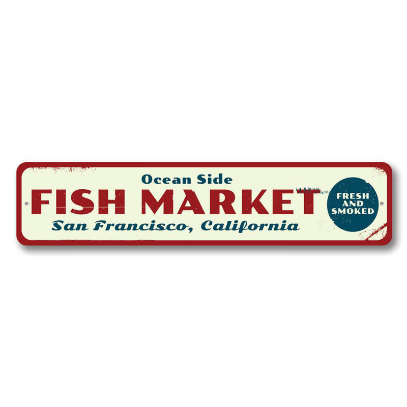 Enseigne en aluminium personnalisée «Fish Market», H 4 po x l 18 po x P 0,04 po