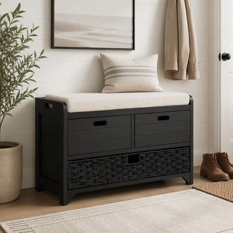 Banc de rangement avec panier amovible et 2 tiroirs, entièrement assemblé, Espresso, Espresso
