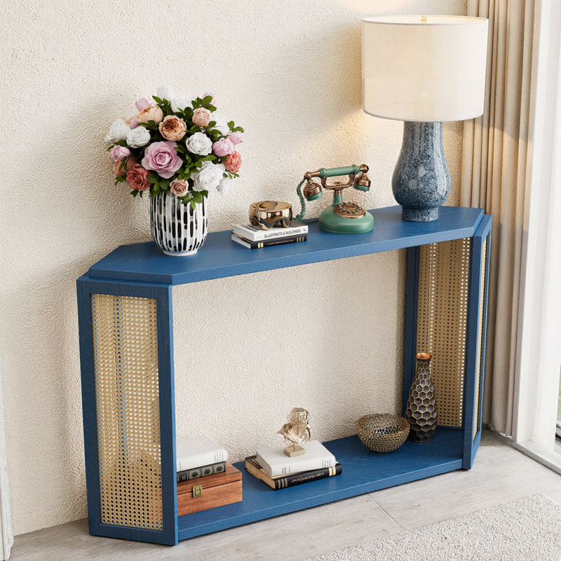 Console étroite avec plateau à flèche et panneau en rotin tissé - Canapé d'entrée bleu antique pour le couloir, Bleu antique