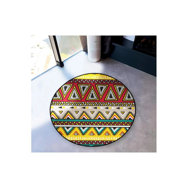 Multicolored Triangle Detailed Woven Base Modern Decorative Carpet, Round 5'