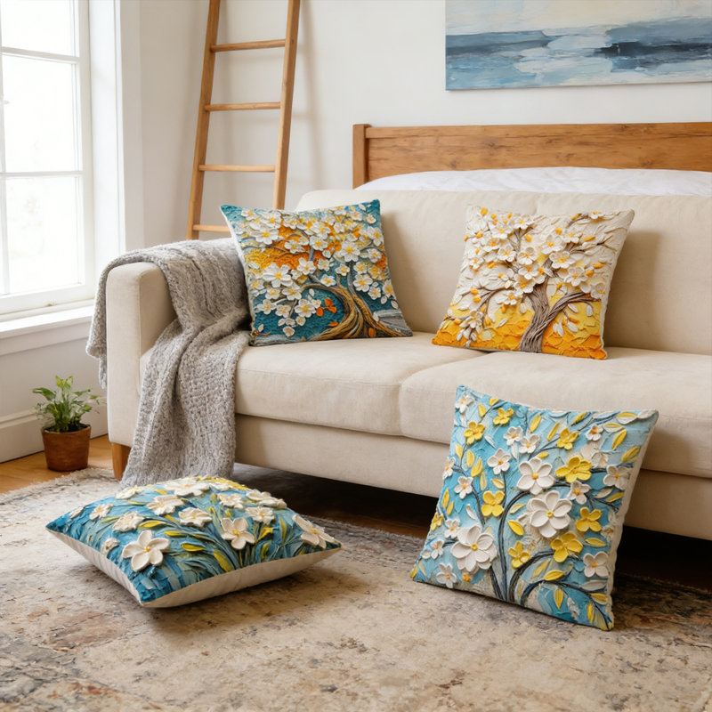 Vintage Oil Painting Tree Throw Pillow Cover Set of 4, Flower Oil Painting Throw Pillow Covers, Square Home Decorative Cushion Cover for Sofa Couch Car (No pillow)