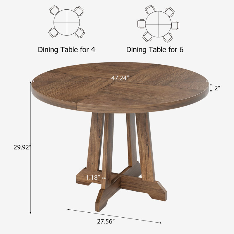 47 In Framhouse Round Dining Table For 4-6, Wooden Kichen Table, Brown