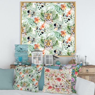 Motif de tigre avec tigres et feuilles tropicales - reproduction d'art sur toile
