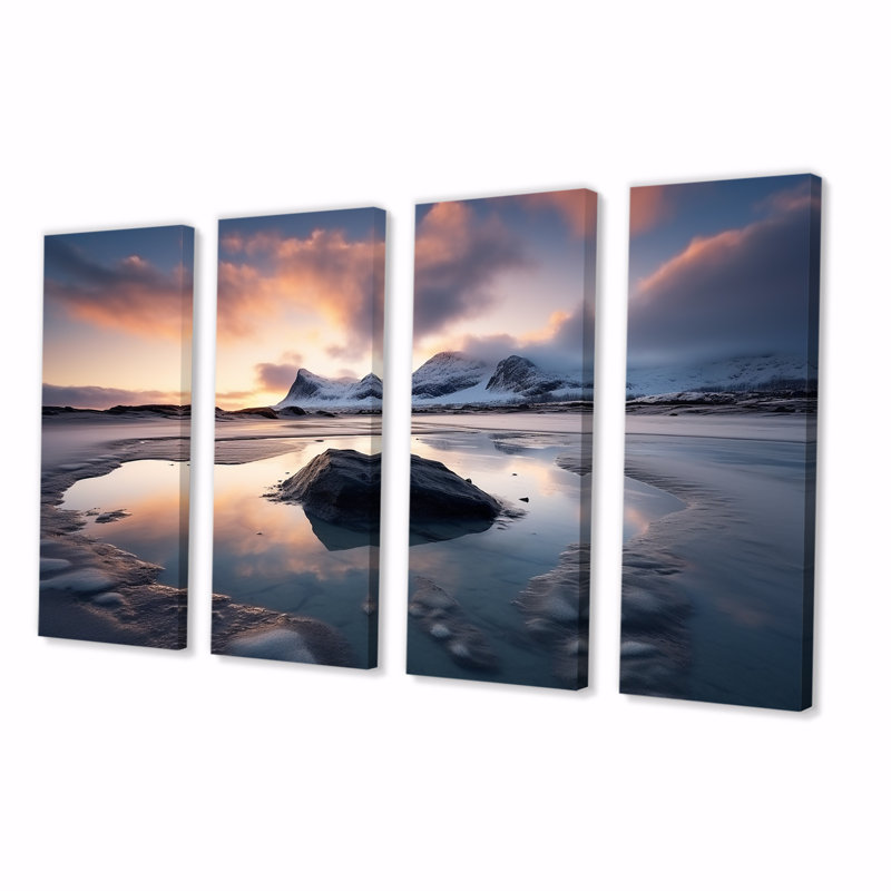 «Sunrise On Rocky Beach IV - Coastal Beach», art mural 4 pièces pour le salon, H 28 po x l 48 po