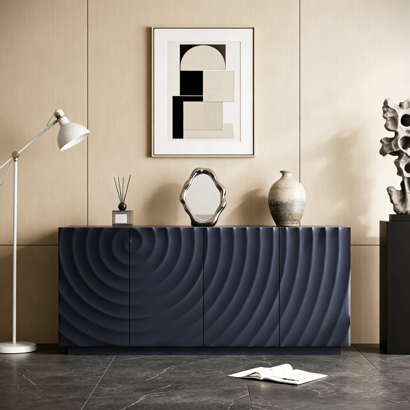 Buffet moderne à 4 portes avec texture ondulée 3D et rangement spacieux pour le salon ou la cuisine., Marine