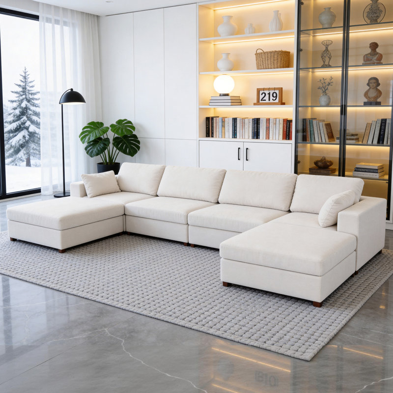 Canapé d'angle rembourré avec 2 repose-pieds, Chenille beige, H 26 po x l 151,1 po x P 37,8 po
