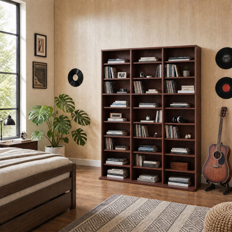 Grande vitrine à 9 étages pour CD, tour multimédia à 27 compartiments et ensemble anti-basculement, noyer, Brun