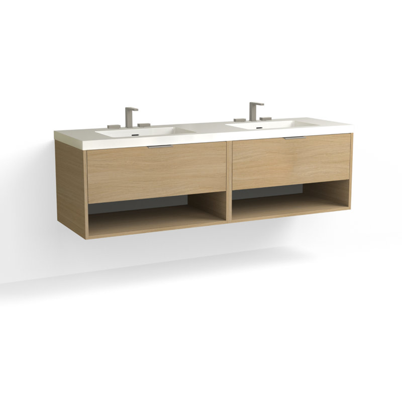 Modo 72" W Wall Mounted Double Bathroom Vanity, White Acrylic, Satin Brass, Matte White/8" Widespread