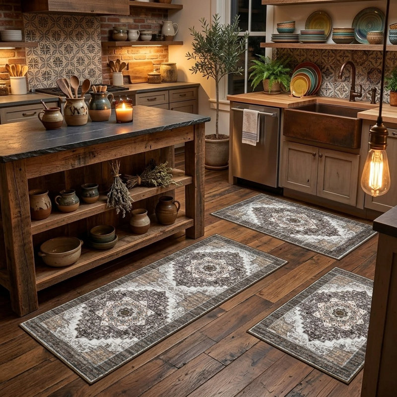 Ensemble de 3 tapis de cuisine lavables et antidérapants, Taupe