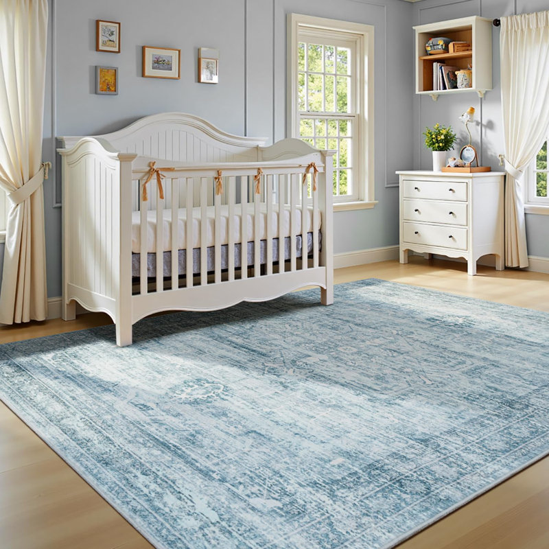 5'X7' Washable Neutral Vintage Distressed Aesthetic Area Rug Blue