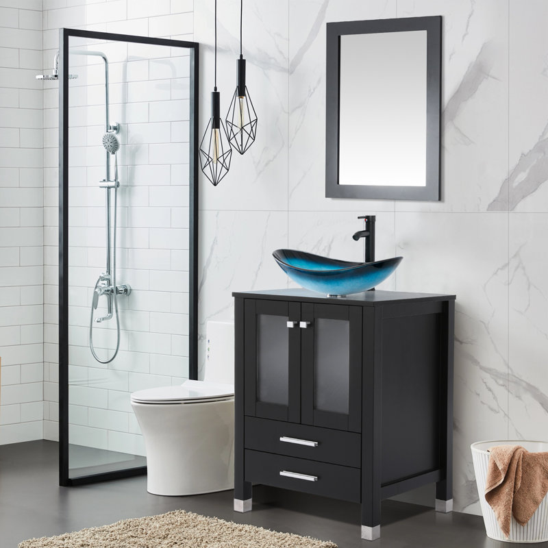 Ayja 24" W Single Bathroom Vanity Sink Combo with Plywood Top and Solid Wood Feet, Water Saving Faucet, Black, Blue