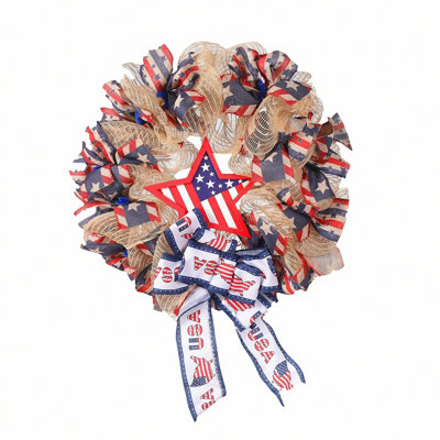 17.7" Patriotic Deco Mesh Wreath with American Flag/Star Sign for 4th of July