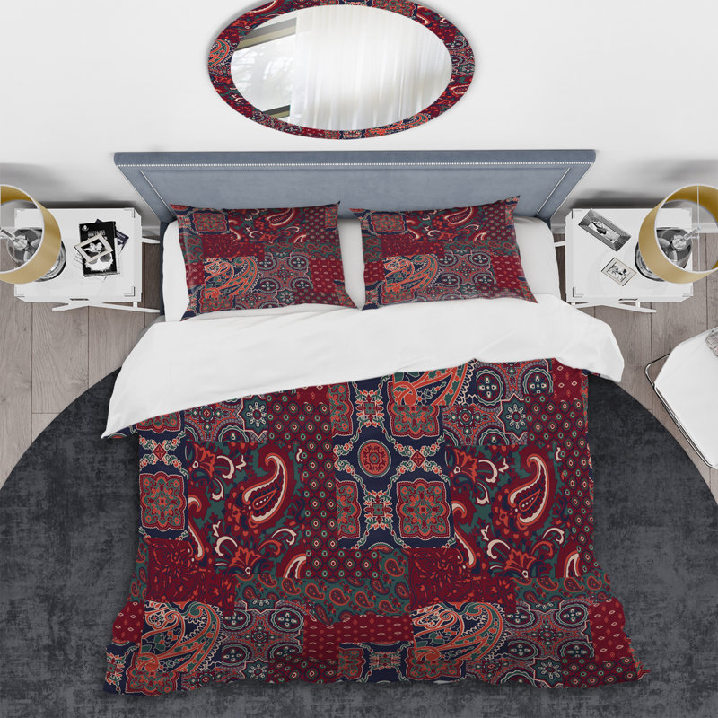 Red Abstract Patchwork Polyester Paisley Duvet Cover, King Duvet Cover + 2 King Shams