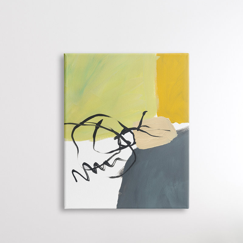 Jaune, gris, formes, fluides, lignes noires - Peinture, Toile tendue, H 40 po x l 30 po x 1,5 po