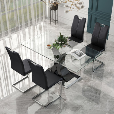 Ensemble de salle à manger moderne à piédestal rectangulaire en verre trempé avec chaise en similicuir