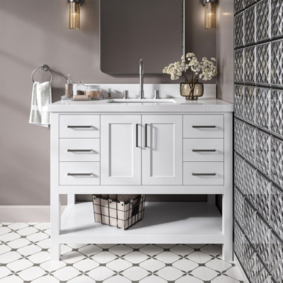 Magnolia 43" Single Bathroom Vanity in White, with 1.5 Pure White Quartz Top, Rectangle Sink