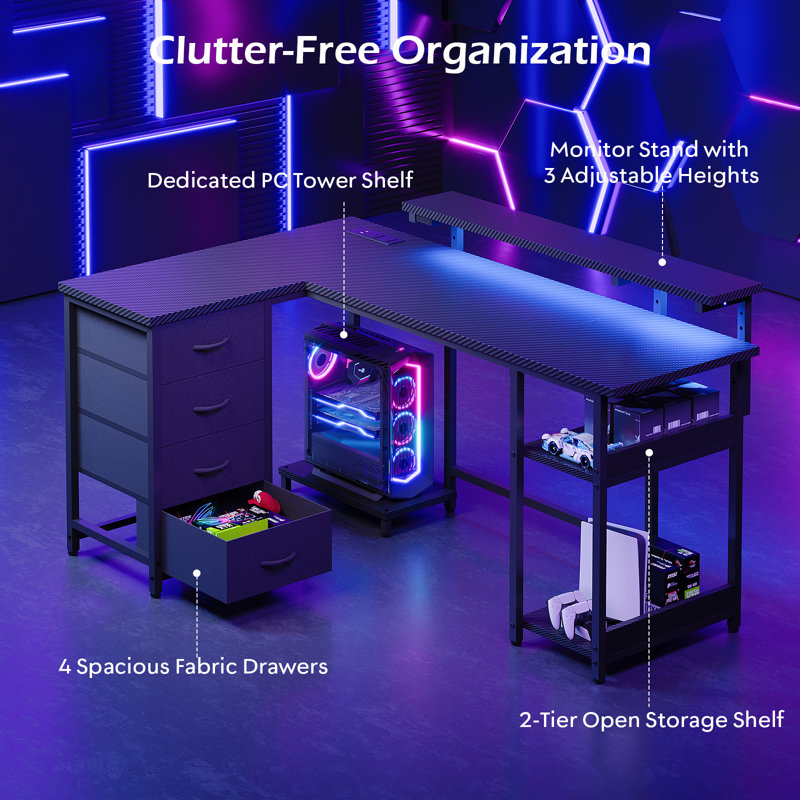 L-Shaped Metal Base Computer Desk, 88cm. H x 155cm. W x 100cm. D, Black